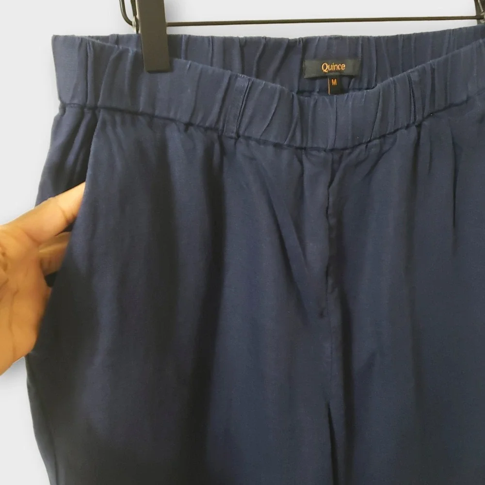 Quince European Linen Pants Deep Navy Blue Cropped Elastic Waist Medium